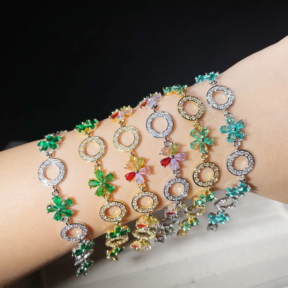 Zircon Flower Bracelet For Women 18K Gold Plated Cubic Zirconia Pave Circle Link Exquisite Elegant Jewelry Accessory
