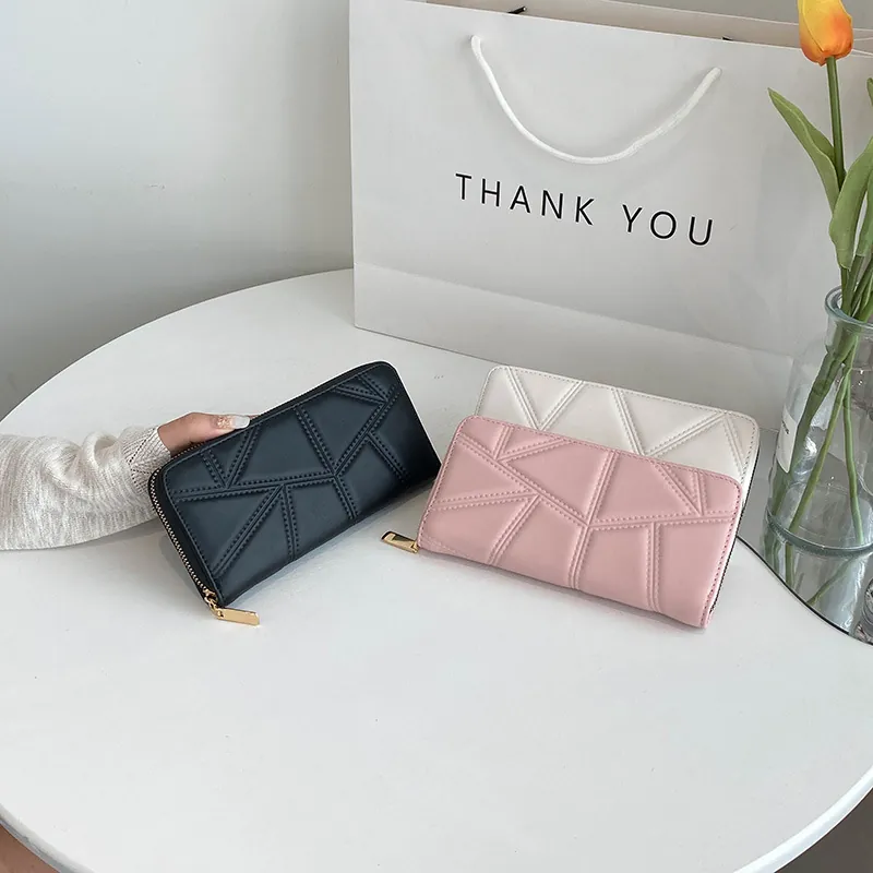Women Long Zip Around Wallet PU Leather Geometric Quilted Fashion Large Capacity Clutch Purse Multi Card Slots