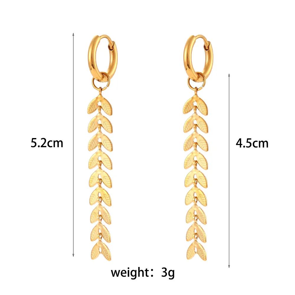 Gold Plated Stainless Steel Long Leaf Dangle Earrings Trendy Fishbone Wheat Motif Hoop Drop Jewelry For Women