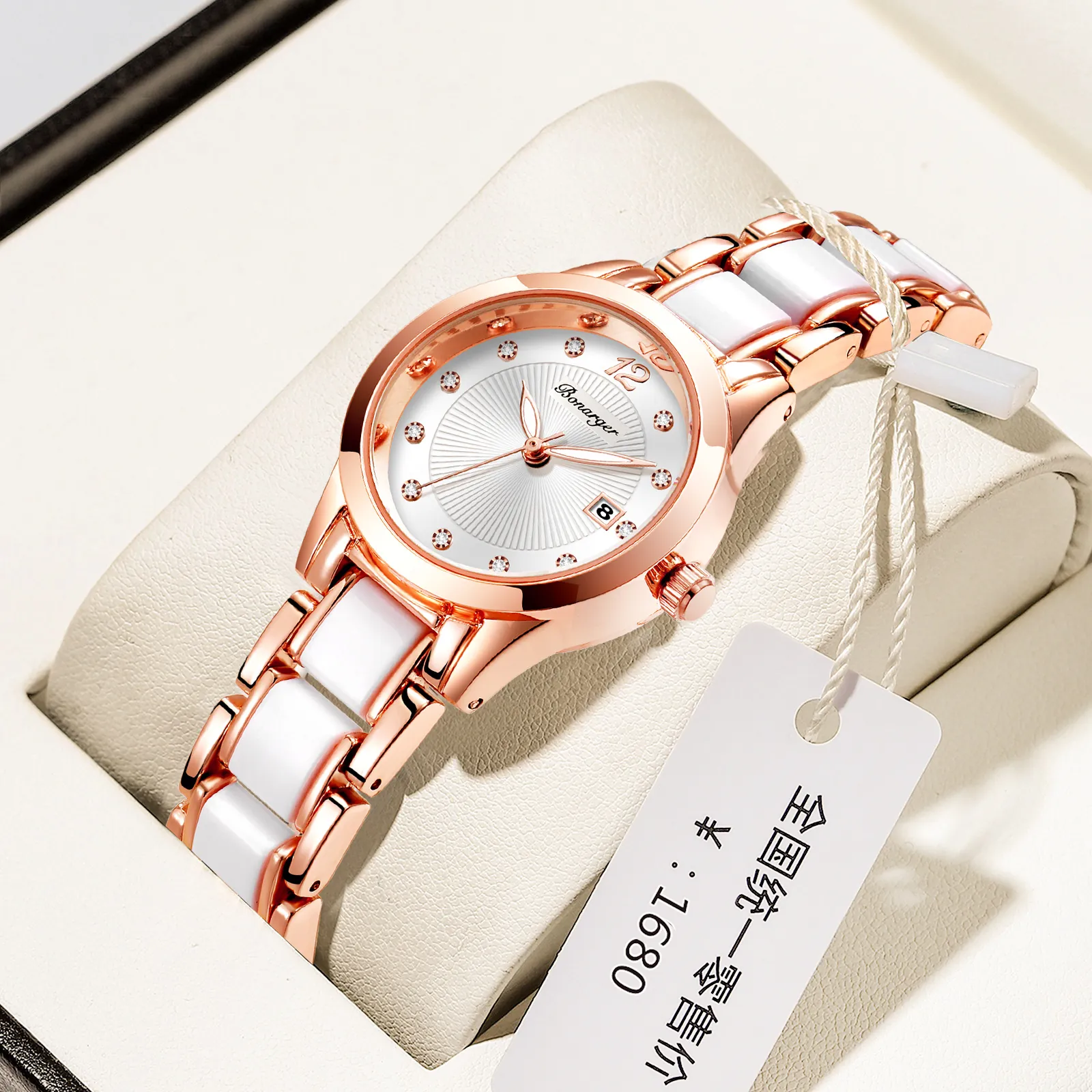 Montre Quartz Femme Mode Élégant Or Rose Alliage Bracelet Céramique Étanche Date Calendrier Aiguilles Lumineuses