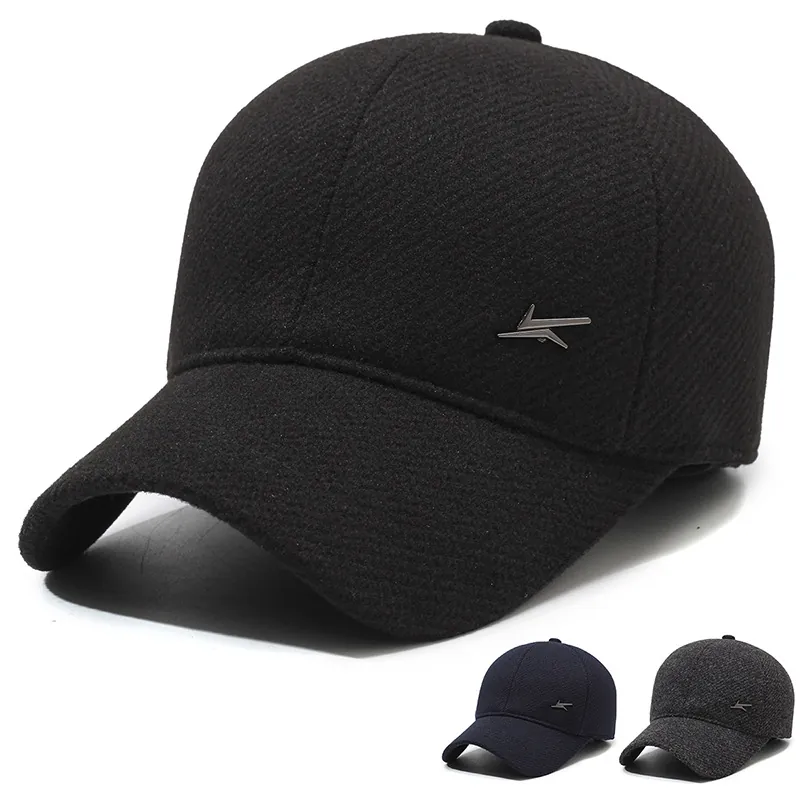 Men Winter Baseball Cap Woolen Warm Windproof With Foldable Ear Flaps Sports Adjustable Outdoor Solid Color Cold Weather