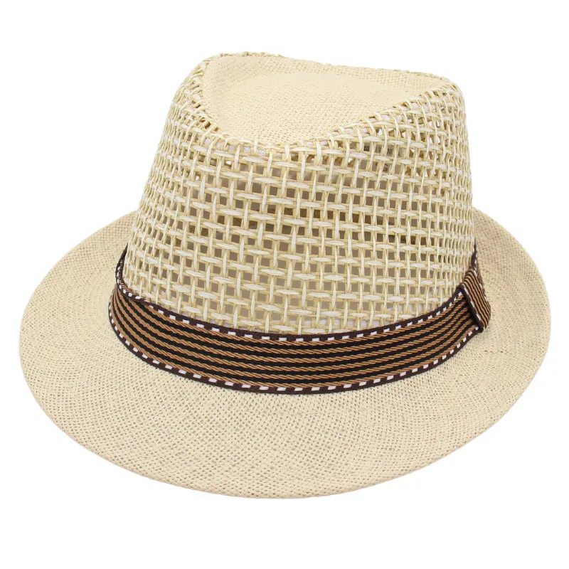Cappello Fedora In Paglia Intrecciata Traspirante Traforato Protezione Solare Estate Spiaggia Stile Gentleman Nastro Righe