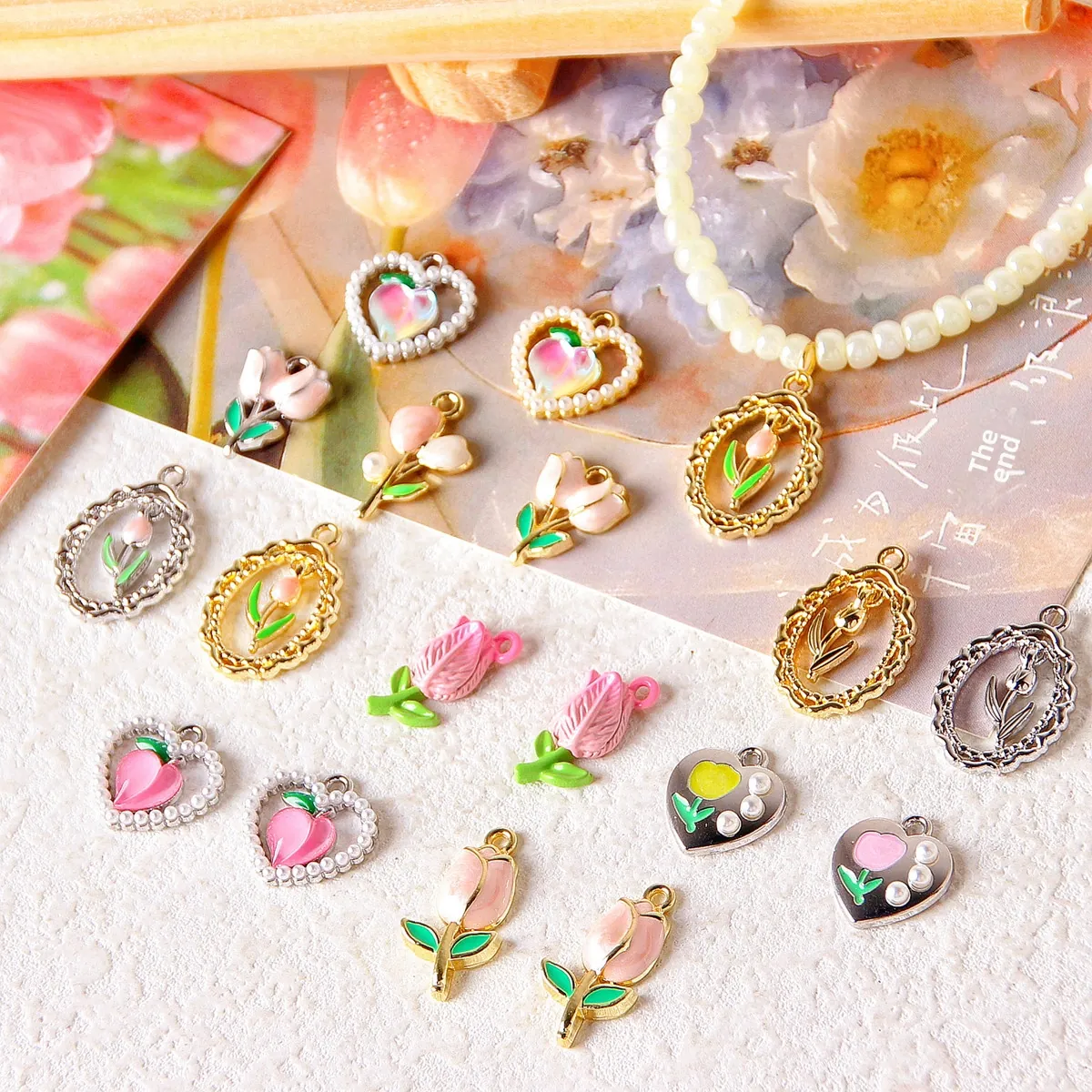 Tulip Heart Peach Flower Alloy Enamel Charms For DIY Earrings Necklace Jewelry Making Accessories Vintage French Style