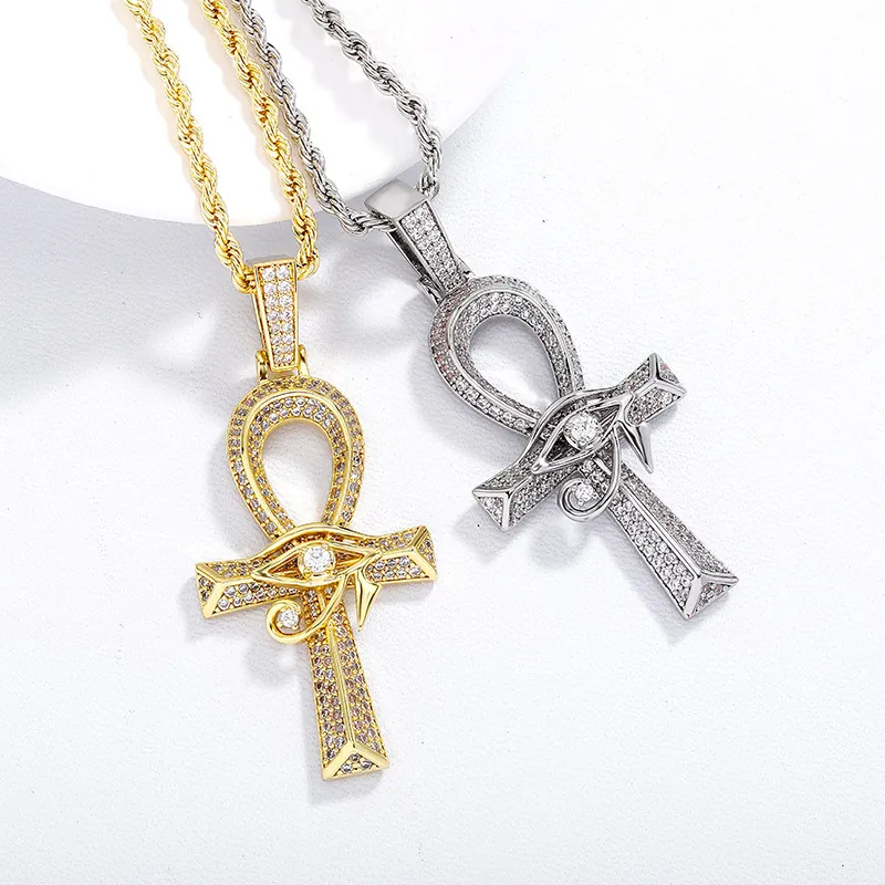 Ankh Cross Eye Of Horus Pendant Necklace Copper Iced Out Cubic Zirconia Hip Hop Vintage Jewelry For Men