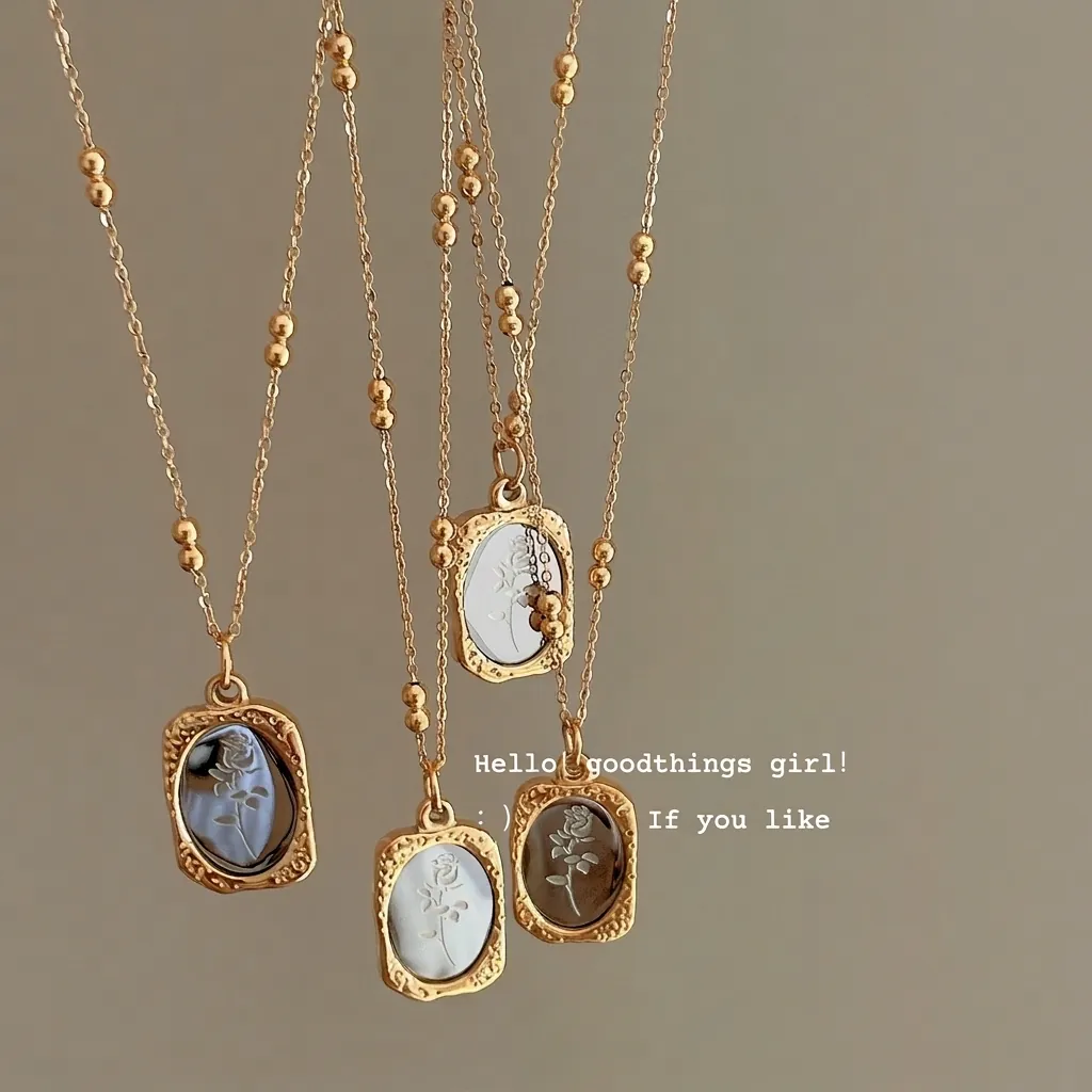 Vintage Rose Relief Mirror Pendant Necklace For Women Gold Plated Stainless Steel Ball Chain Long Necklace Jewelry Gift