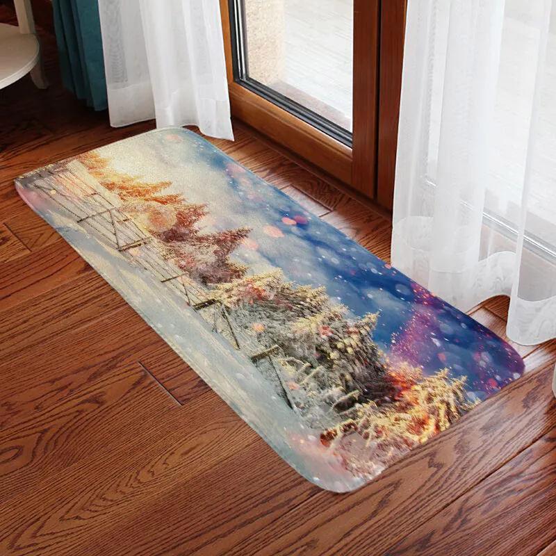 Winter Snow Scenery Floor Mat Flannel Absorbent Rug Non-Slip Kitchen Bathroom Runner Forest Christmas Pattern Home Decor