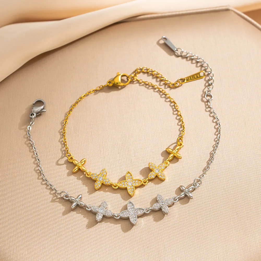Bracelet Fleur En Acier Inoxydable Incrusté De Zircon Trèfle À Quatre Feuilles Bijoux Élégants Et Délicats Pour Femmes Chaîne Réglable
