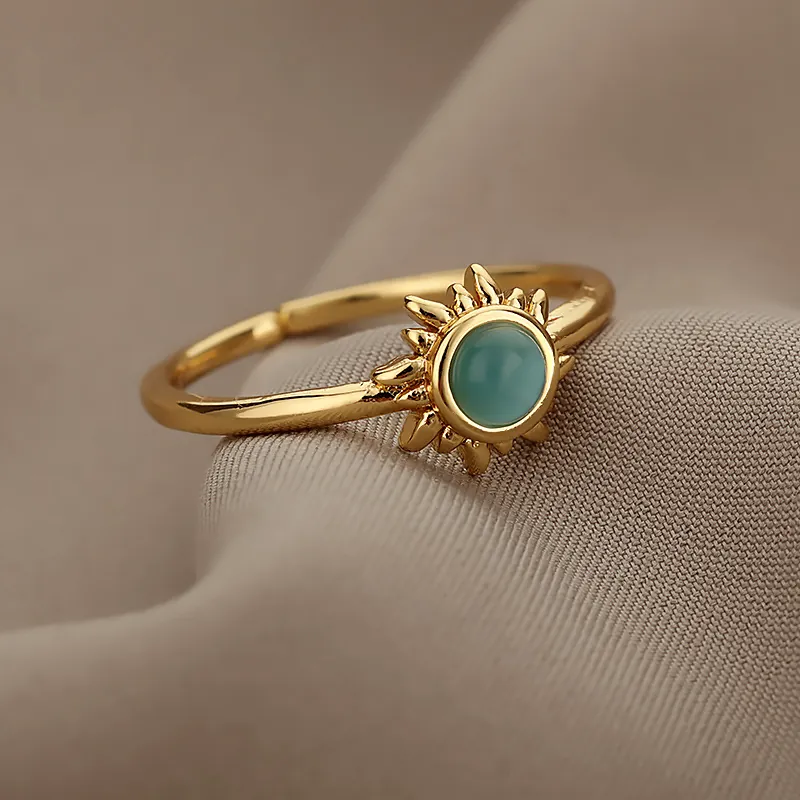 Minimalist Brass Adjustable Open Ring For Women Sun Moon Star Design Gold Silver Plated Cat's Eye Stone Fashion Ring Jewelry