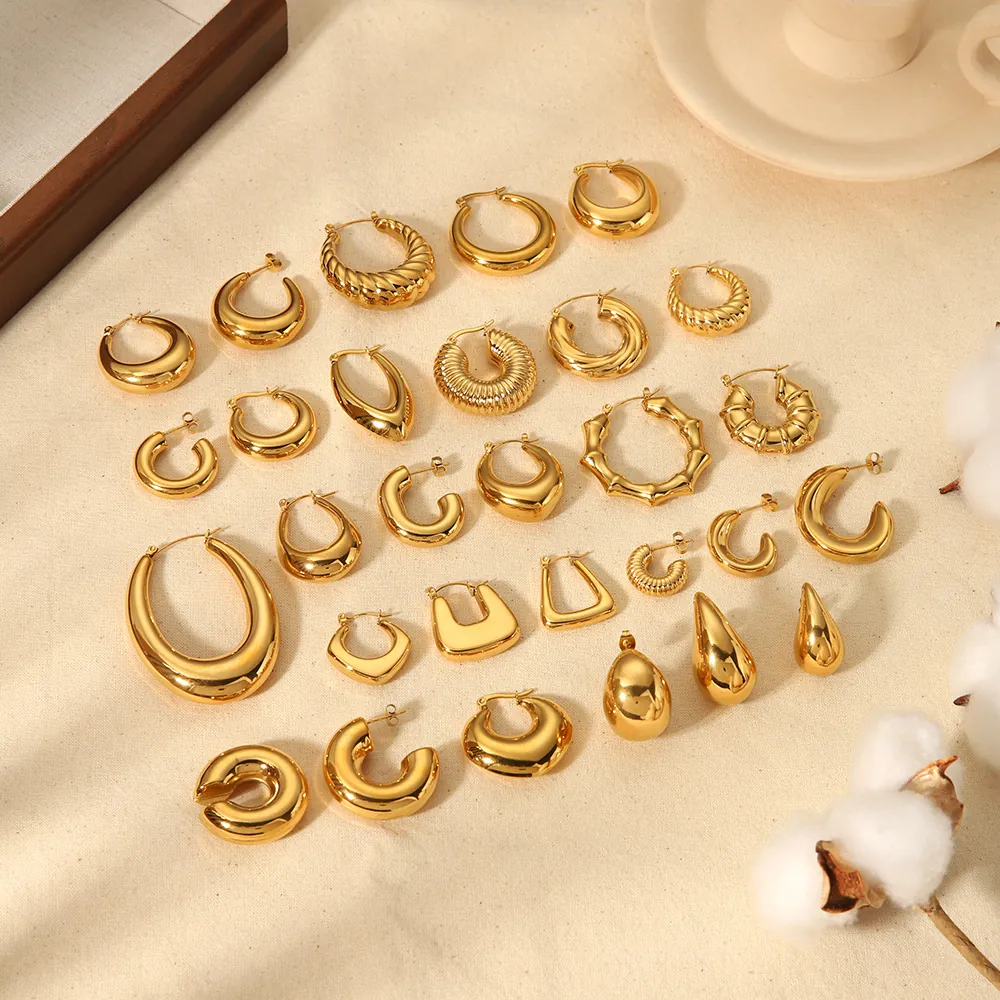 Stainless Steel Hoop Earrings 18K Gold Plated Hollow C-Shaped Waterdrop Geometric Fashion Jewelry For Women