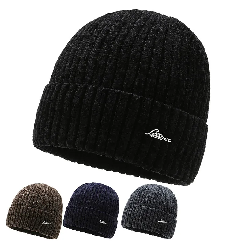 Men Knitted Beanie Hat Winter Warm Chenille Polyester Ribbed Knit Outdoor Skiing Sports Fashion Letter Embroidery Cuff Beanie