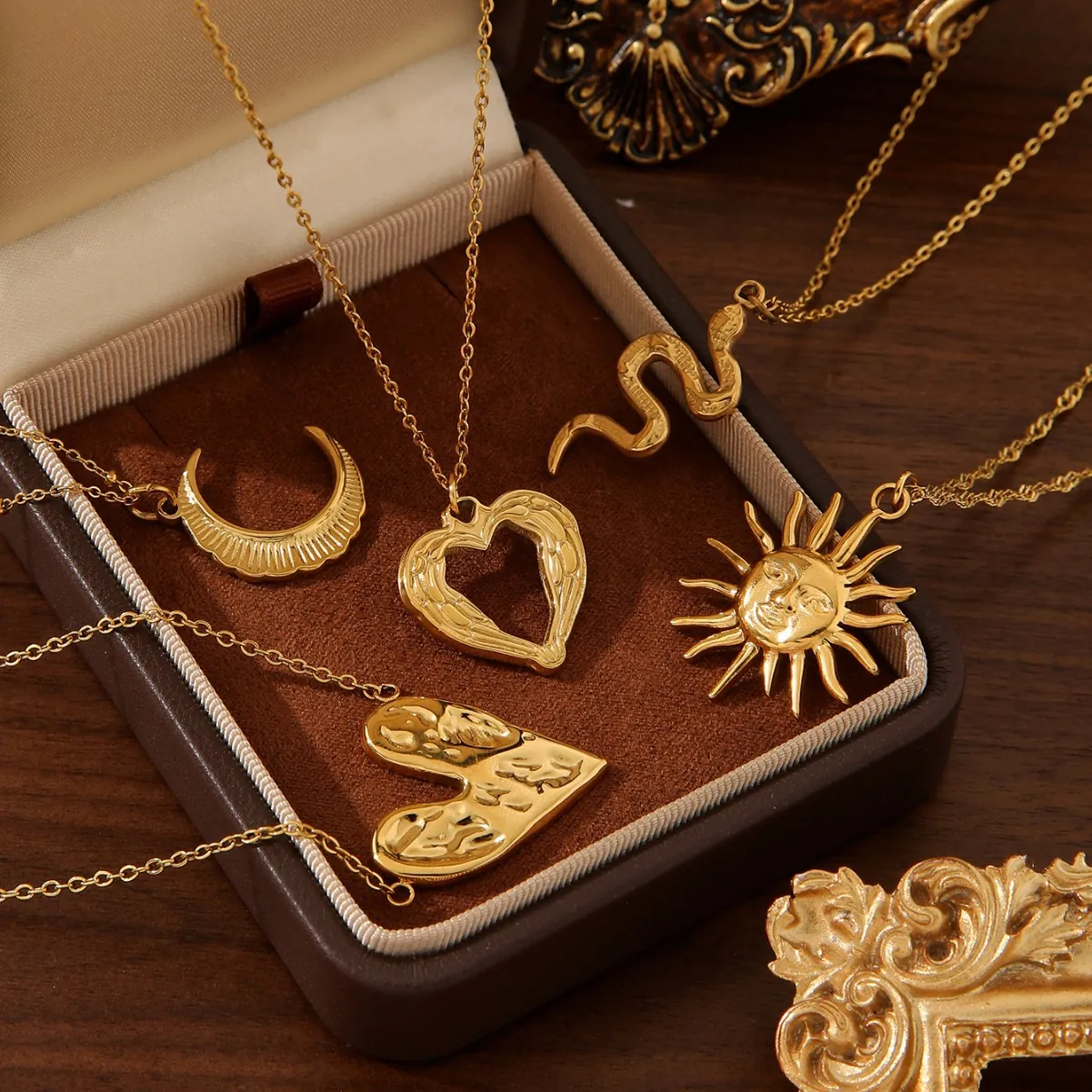 Stainless Steel Gold Plated Retro Pendant Necklace Featuring Snake Moon Heart Butterfly Dragonfly Wings For Women