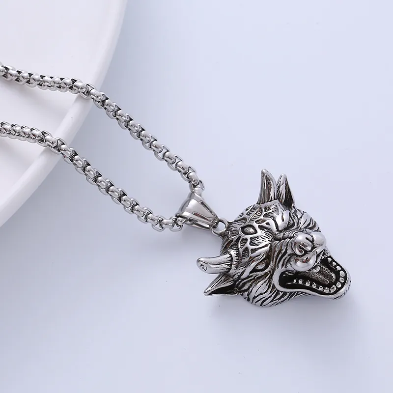 Men Vintage Wolf Head Pendant Necklace 316L Stainless Steel Punk Hip Hop Roaring Animal Jewelry With Box Chain
