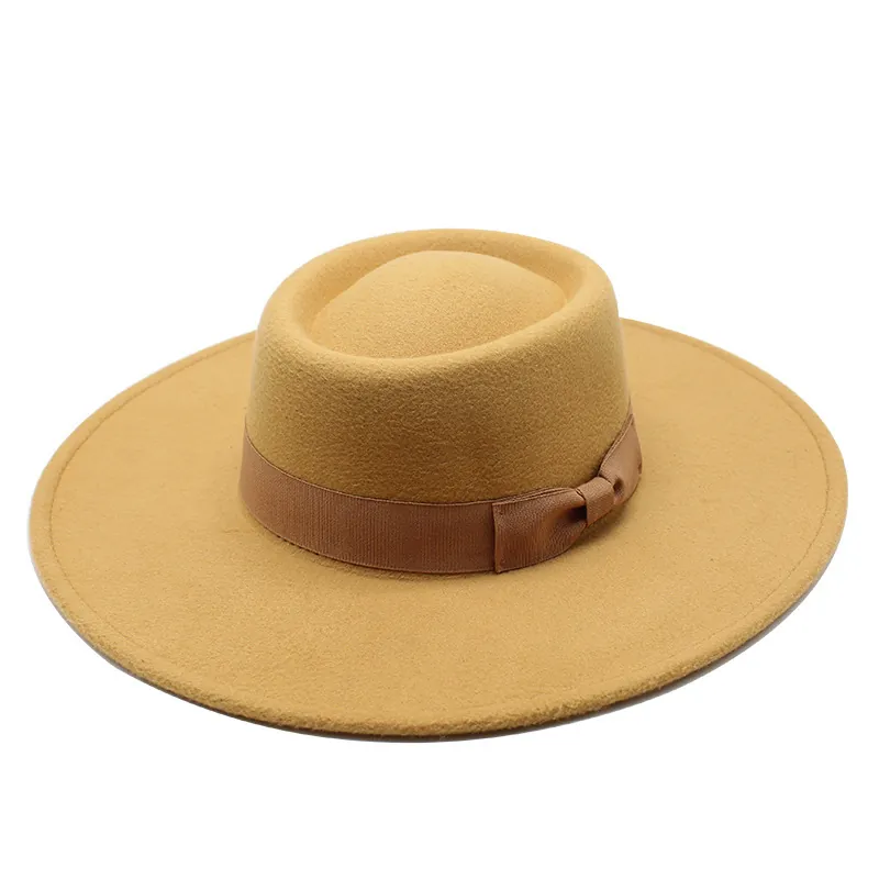 Wide Brim Fedora Hat Wool Felt Vintage Jazz Hat Flat Indented Top With Bow Ribbon Elegant Winter Accessory