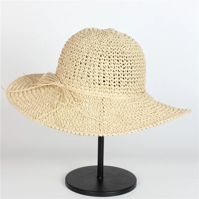 Cappello Da Sole In Paglia A Tesa Larga Pieghevole Traspirante Spiaggia Viaggio Estate Decorazione Con Fiocco Per Donne