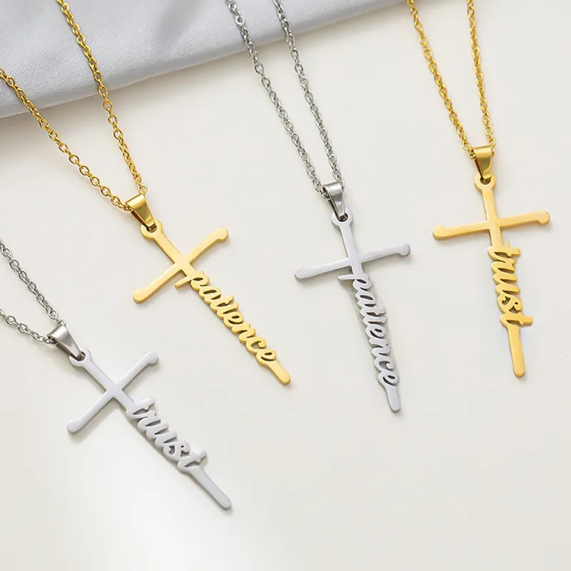 Stainless Steel Cross Necklace With Script Letter Pendant Trust Hope Love Blessed Grace For Women Men Minimalist Jewelry