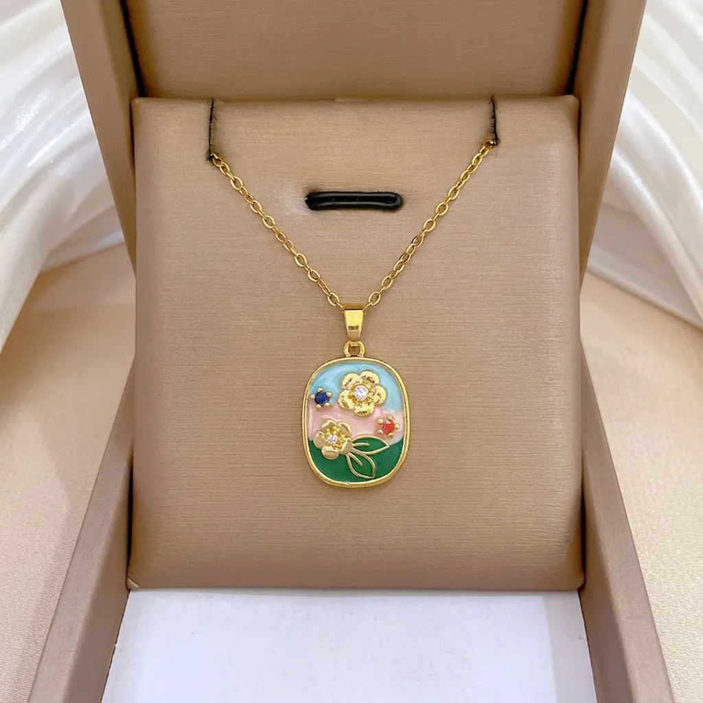 Vintage Oil Painting Style Floral Necklace Stainless Steel Chain Copper Enamel Oval Pendant Zircon Clavicle Jewelry Women