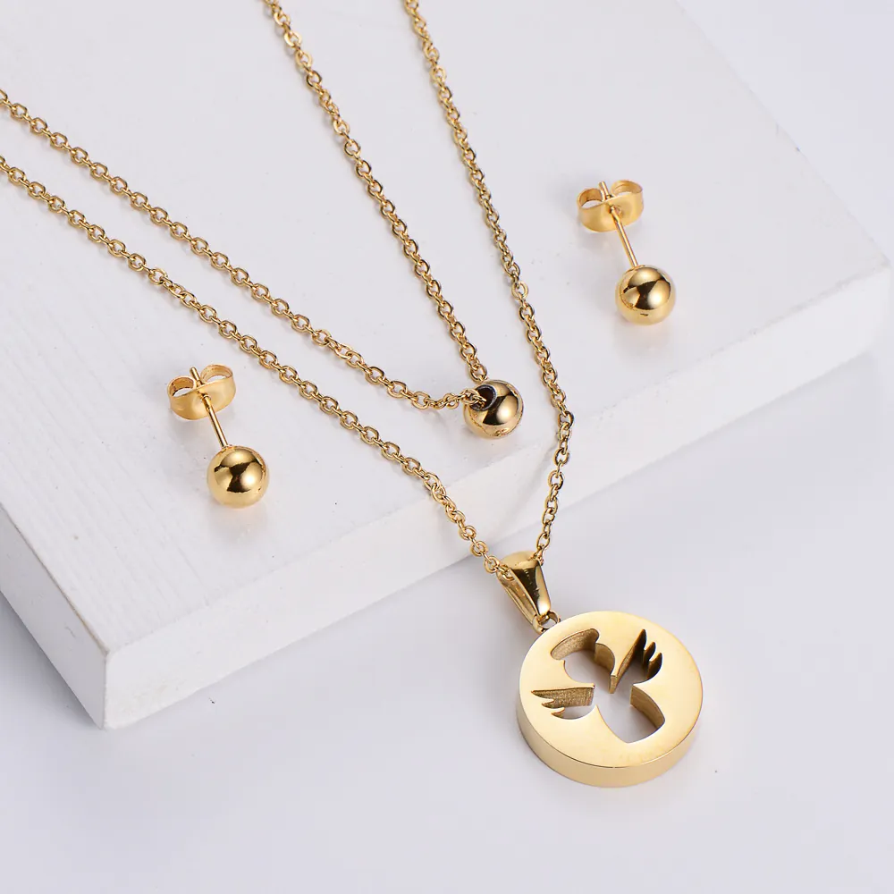 Collana A Doppio Strato In Acciaio Inossidabile E Orecchini A Sfera Ciondolo Rotondo Con Angelo Cupido Traforato Per Donna