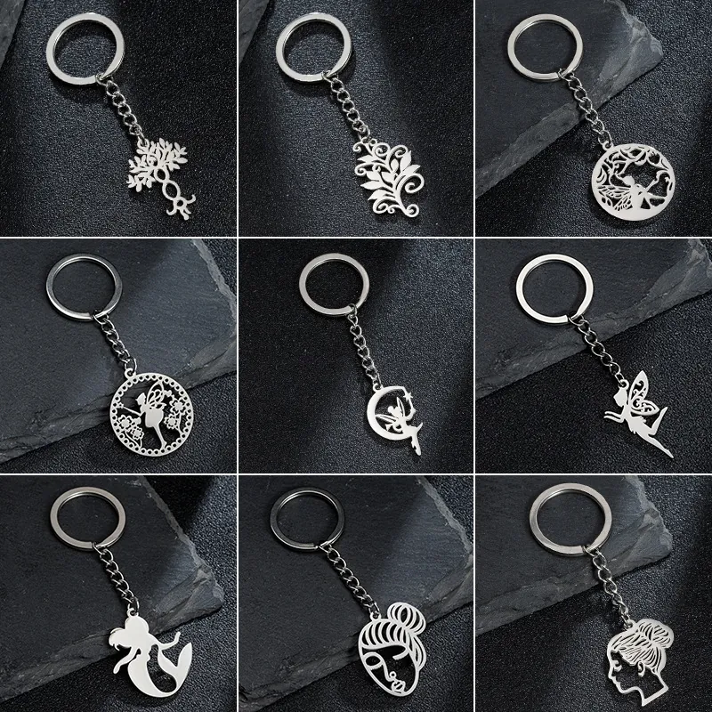 Stainless Steel Keychain Tree Of Life Mermaid Fairy Pendant Silver Metal Key Ring Minimalist Accessory For Women Men