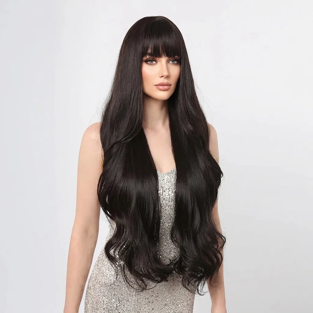 Long Wavy Wig With Bangs Synthetic Heat Resistant Fiber Natural Curly Hair For Women Daily Party Use
