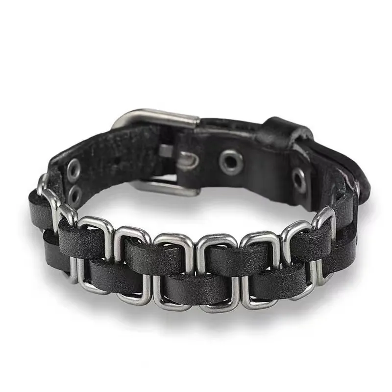 Retro Woven Leather Bracelet Metal Chain Links Adjustable Buckle Punk Style Unisex Fashion Accessory