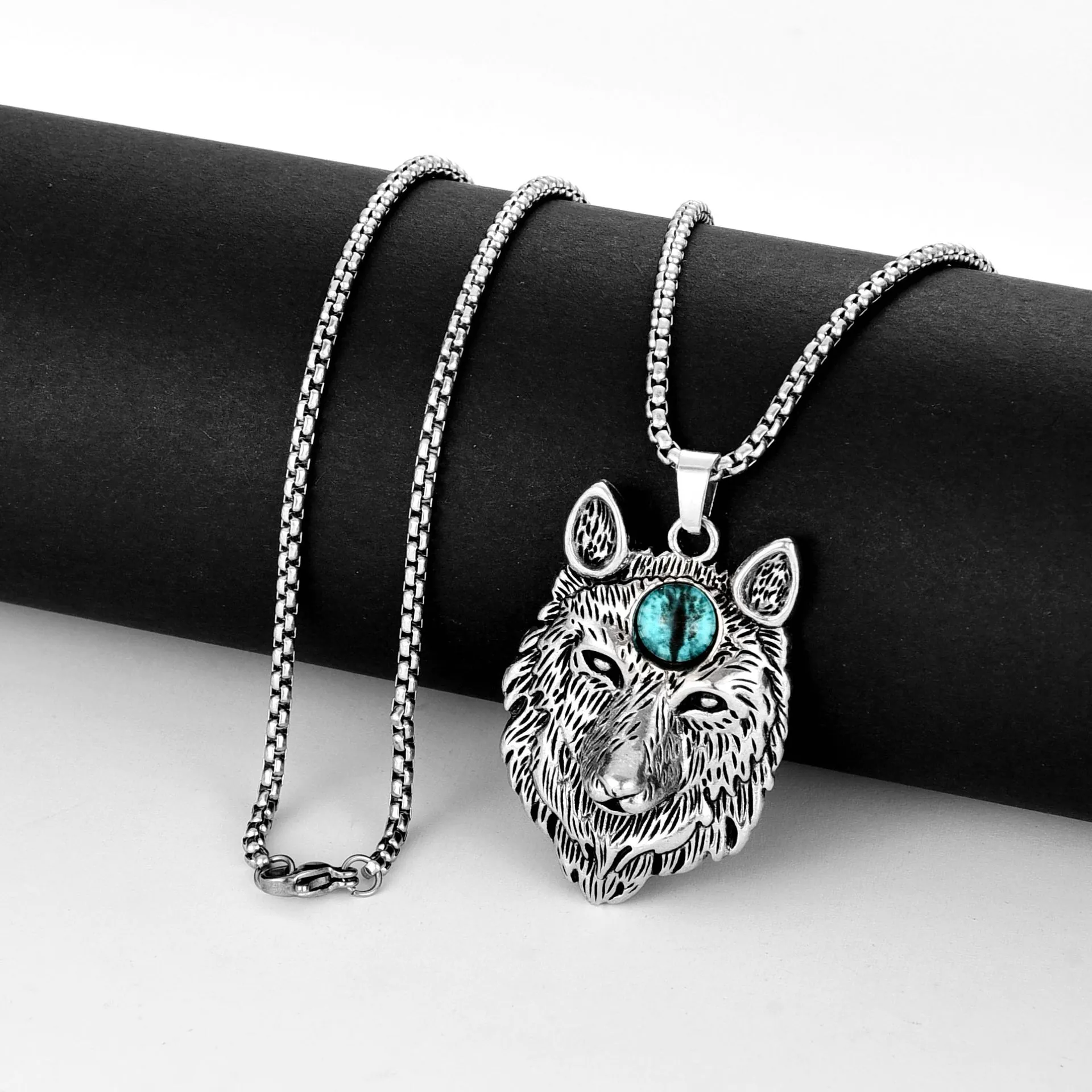 Collier Pendentif Tête De Loup Vintage Avec Charme En Alliage De Pierre Gemme Bleue Chaîne Boîte En Acier Inoxydable Bijoux Punk Hip Hop Pour Hommes