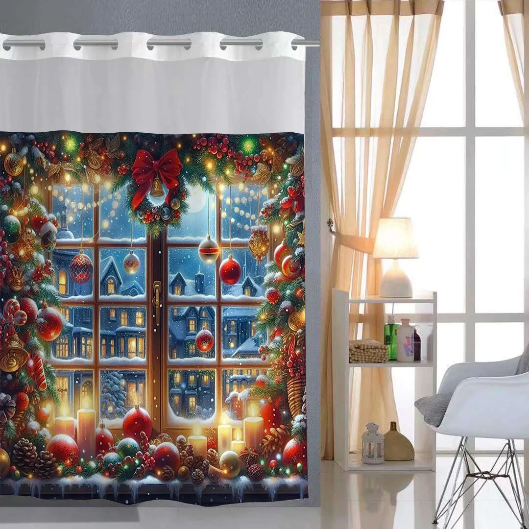 Christmas Festive Shower Curtain Polyester Waffle Waterproof Hookless Ring Double Layer Detachable Liner Magnetic Bottom