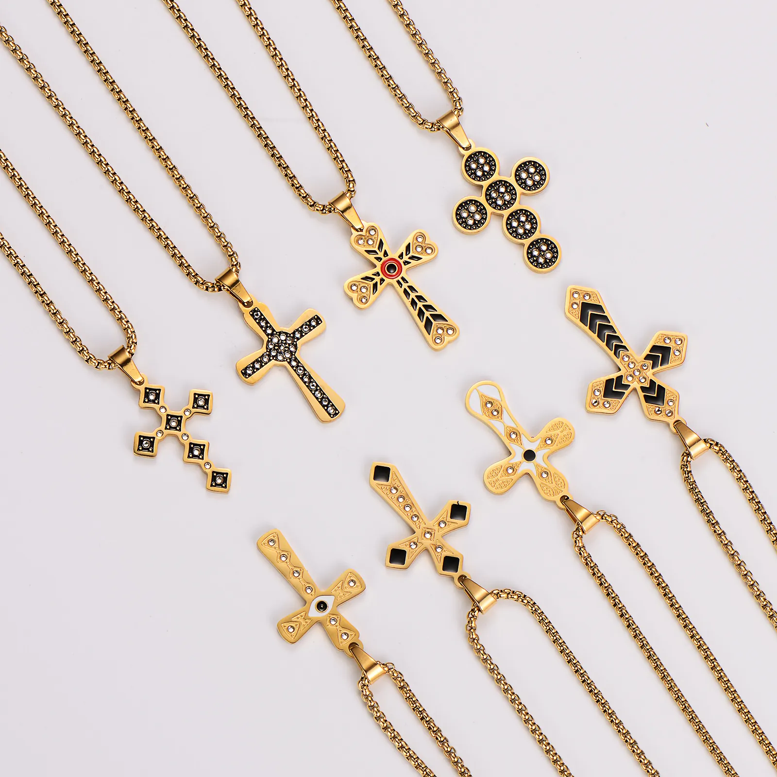 Cross Pendant Necklace 18K Gold Plated Stainless Steel With Enamel And Rhinestones Religious Punk Style Box Chain