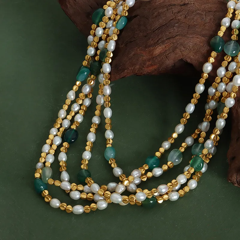 Vintage French Style Beaded Necklace With Freshwater Pearl Natural Green Agate Water Drop Titanium Steel Choker For Women