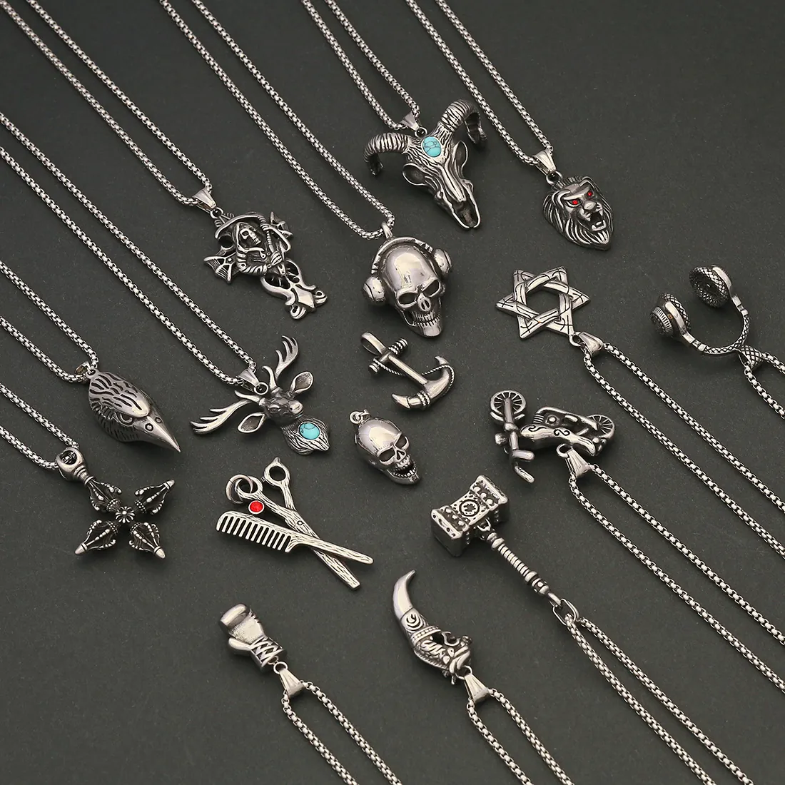 Collier Pendentif Homme En Acier Inoxydable Punk Hip Hop Vintage Crâne Croix Lion Taureau Tête D'animal Bijoux