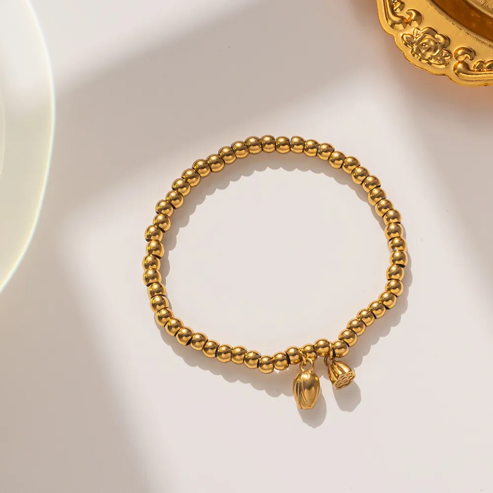 Luxus Gold Titanstahl Perlen Armband Für Damen Mit Lotuskapsel Und Tulpenblüte Anhänger Verstellbar Elastischer Schmuck
