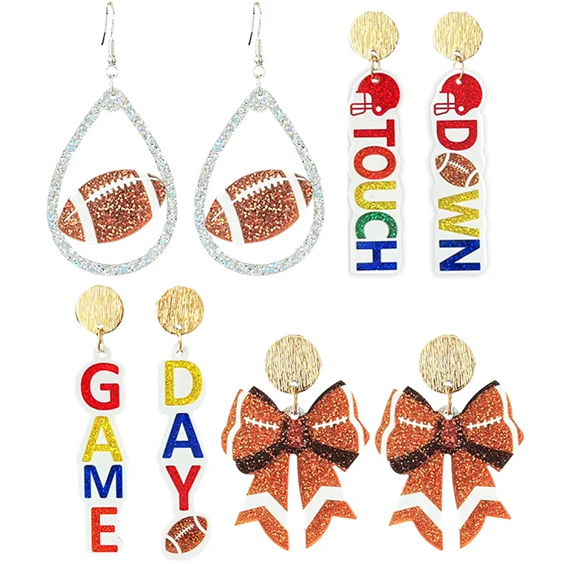 Football Game Day Dangle Earrings For Women Acrylic Glitter Football Helmet Bow Drop Earrings Sporty Jewelry Accessory