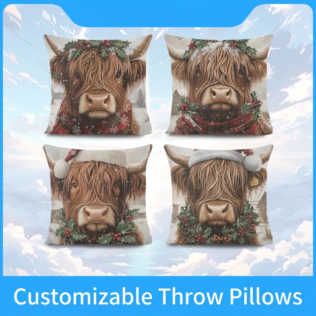 Housses De Coussin Vache Des Highlands De Noël En Coton Lin Taie D'Oreiller Carrée Décorative Pour Canapé Décor De Ferme D'Hiver