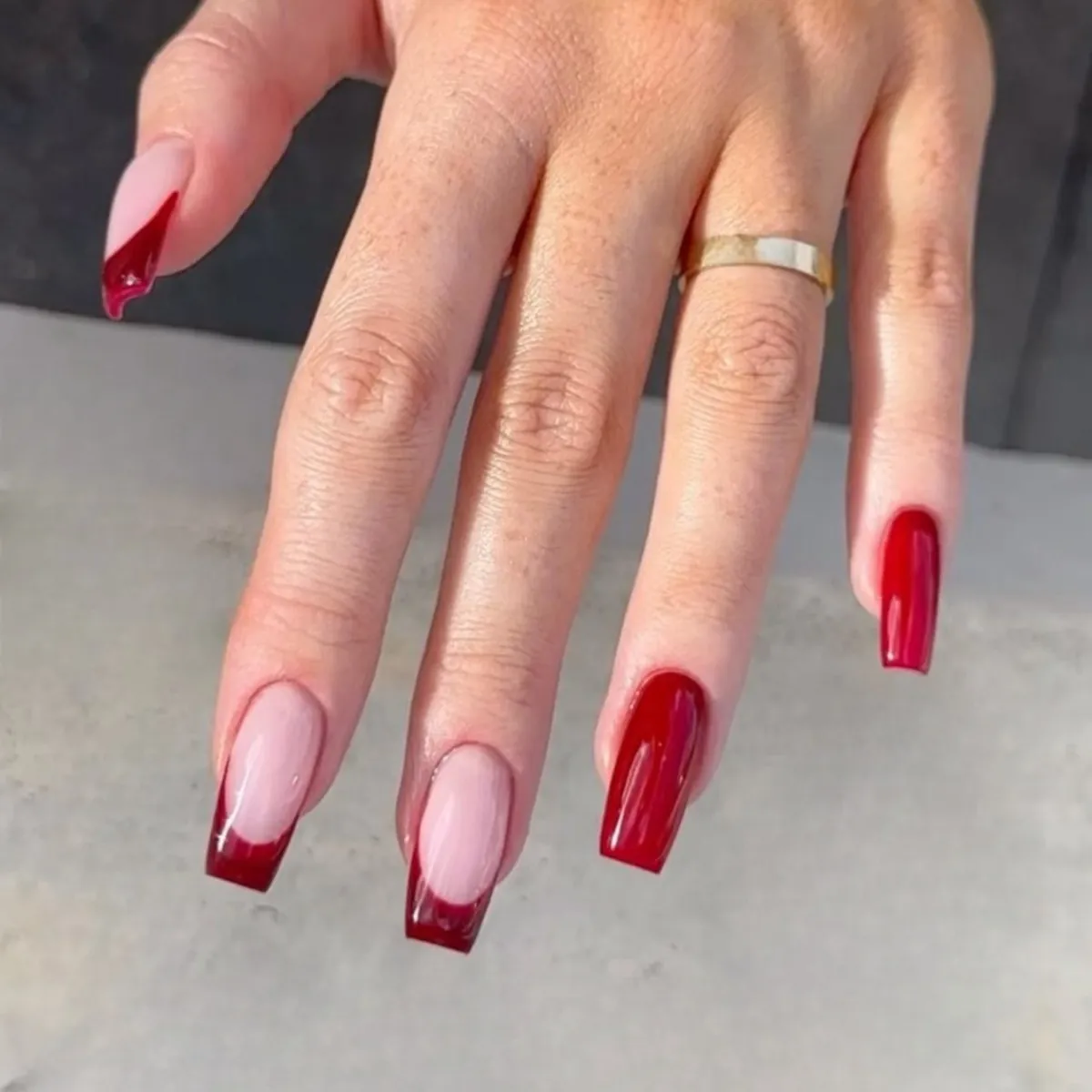 French Red Press On Nails Square Medium Long Glossy Artificial Fake Nails For Women Daily Wear