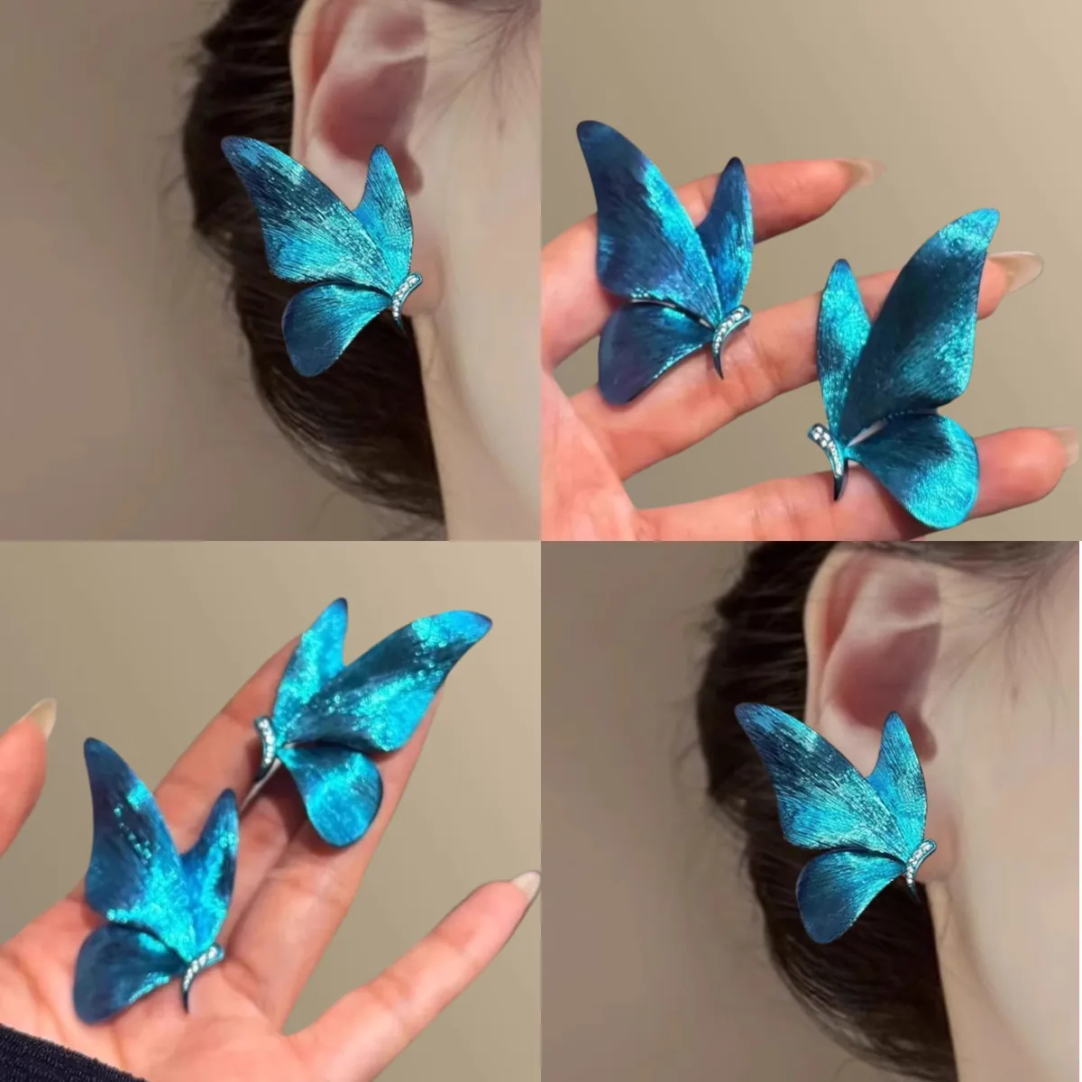 Large Butterfly Stud Earrings Alloy Lacquer Rhinestone With 925 Sterling Silver Earring Post Gradient Blue Ins Style