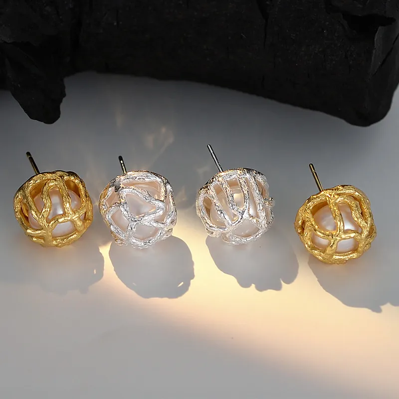 Hollow Cage Freshwater Pearl Stud Earrings With 925 Sterling Silver Earring Post Elegant Geometric Mesh Ball Jewelry For Women
