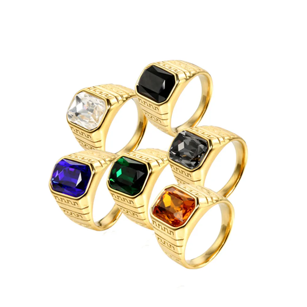 Chevalière Homme en Acier Inoxydable Plaque Or Strass Carré Pierre Précieuse Vintage Rétro Bijoux Cadeau Anniversaire