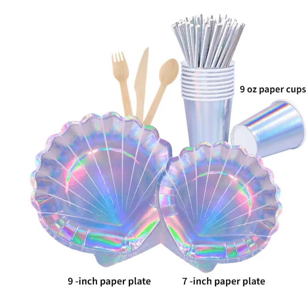 Iridescent Shell Paper Plates Cups Straws Wooden Cutlery Disposable Tableware Holographic Laser For Ocean Theme Party