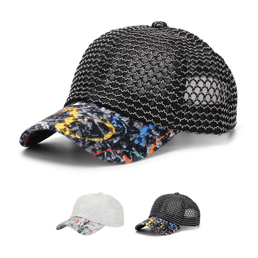 Unisex Mesh Baseball Cap Breathable Polyester Hat With Artistic Graffiti Printed Brim Adjustable Sun Protection Casual