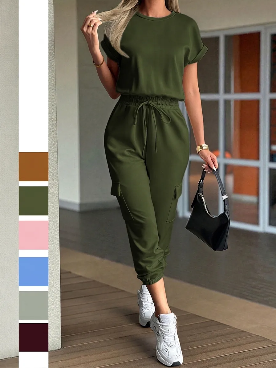 Women Casual Outfits Short Sleeve T-Shirt And Drawstring Cargo Pants With Pockets Leisure Streetwear Style