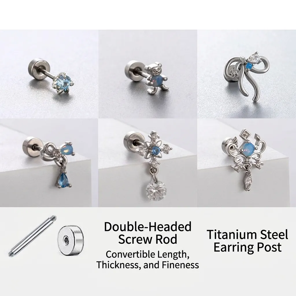Cartilage Stud Earrings Titanium Stainless Steel Screw Back Blue Cubic Zirconia Piercing Jewelry Bowknot Bear Dragon Claw