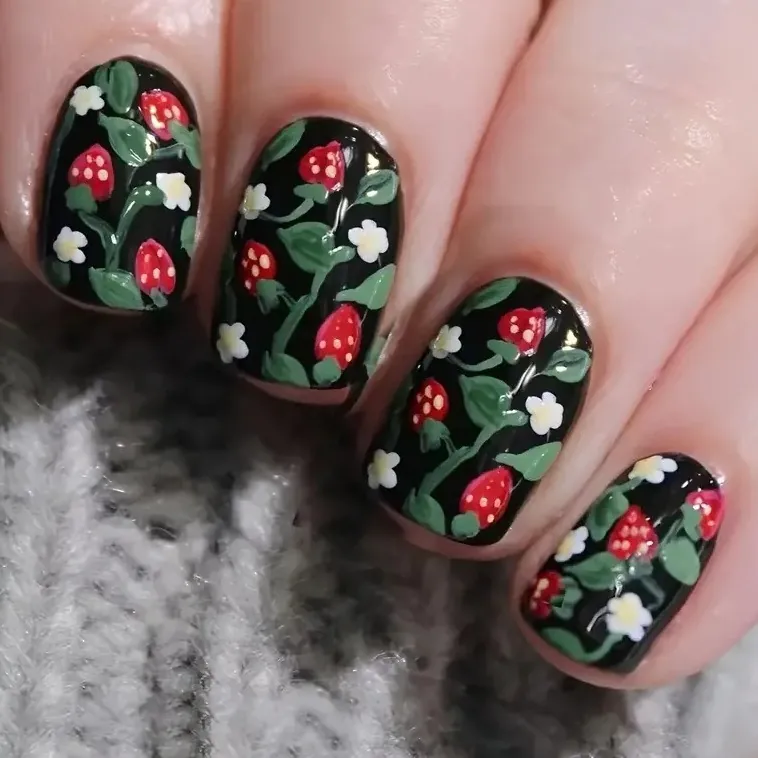 Faux Ongles Courts Carrés Brillants Motif Fraise Fleurs Doux Décoratifs Ongles Artificiels Pour Femmes