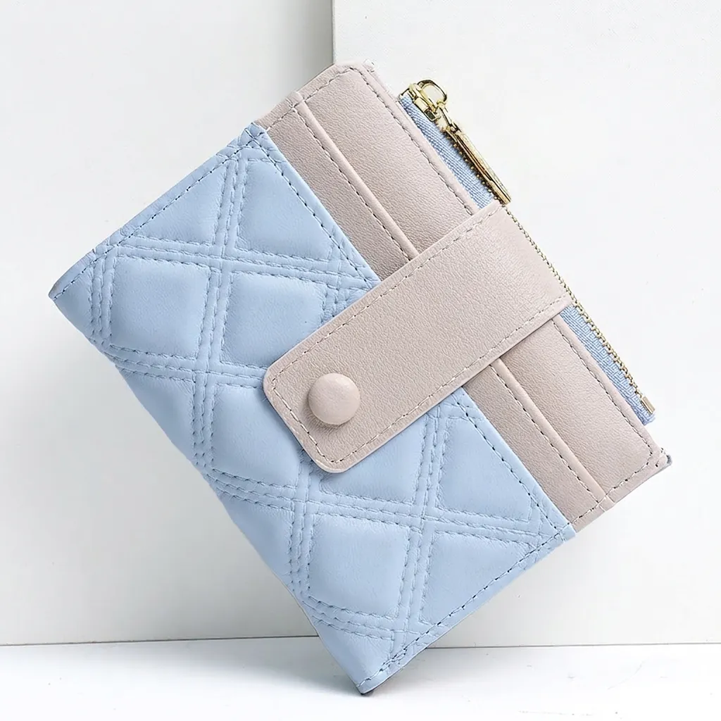 Womens Short Wallet PU Leather Patchwork Quilted Design Zipper Coin Pocket Multi Card Slots Snap Closure Small Elegant Purse
