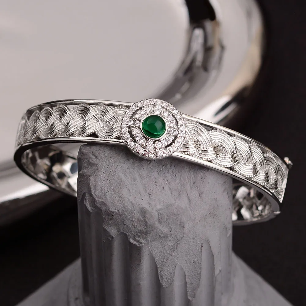 Vintage Silver Plated Copper Bangle For Women With Green Faux Gemstone And Rhinestone Woven Lace Jewelry Bracelet Accessories