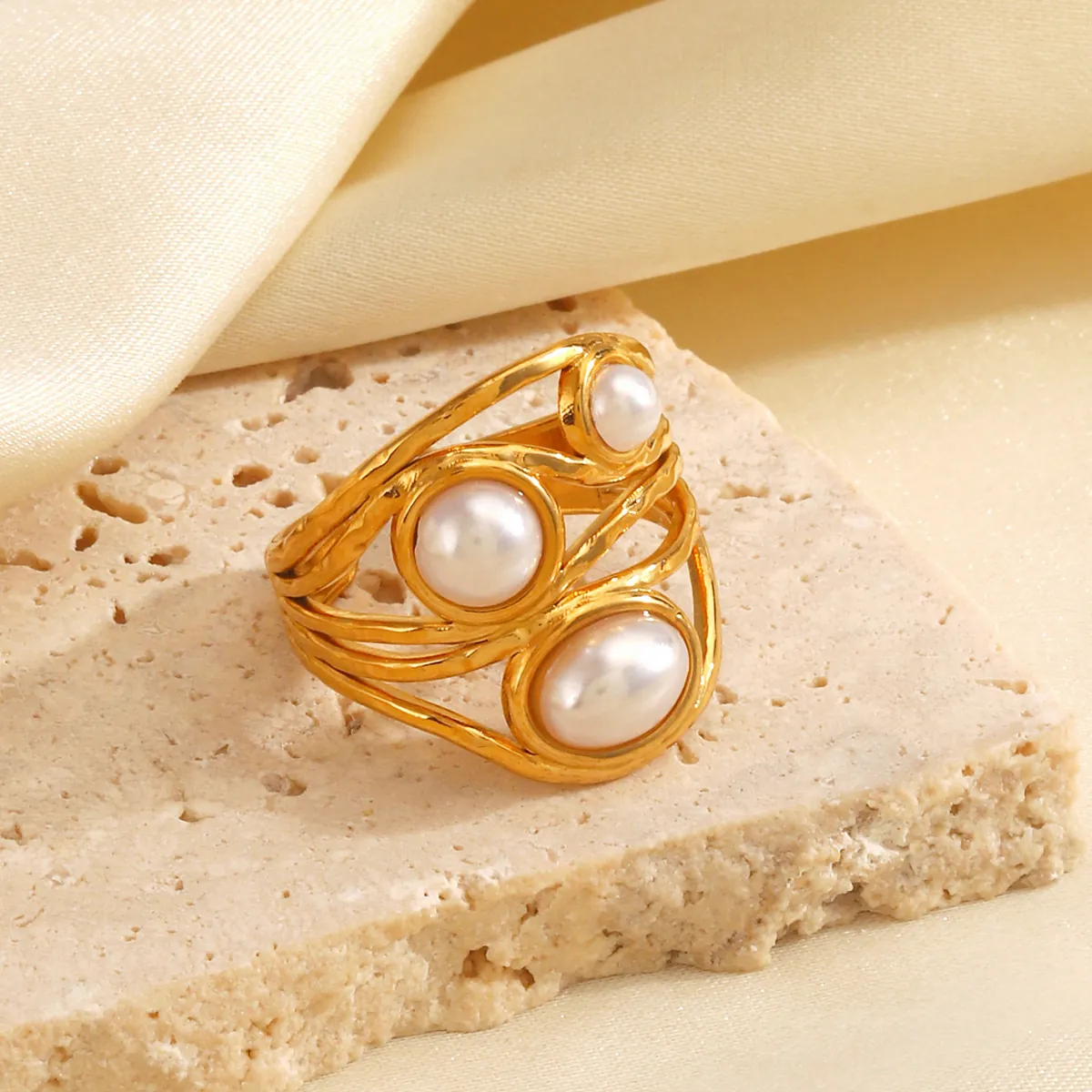 Adjustable Stainless Steel Ring 18K Gold Plated Irregular Hammered Texture With Artificial Pearls Elegant Jewelry For Women