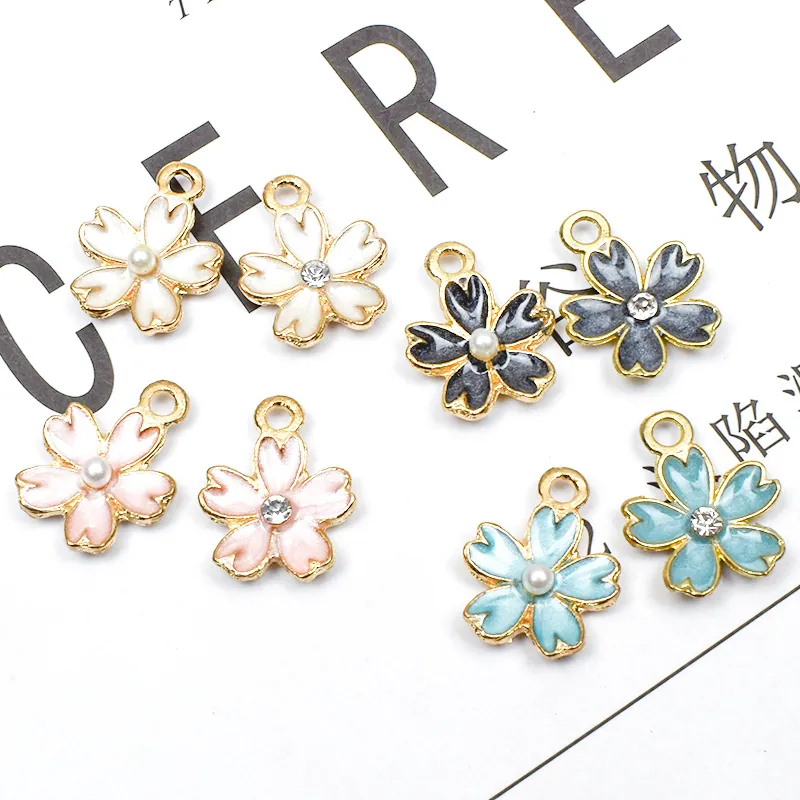 Cherry Blossom Flower Charms Alloy Enamel Oil Floral DIY Jewelry Accessories Faux Artificial Pearl Rhinestone For Necklace Earring