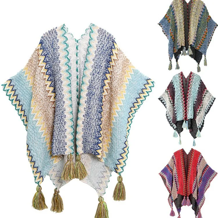 Knitted Shawl Poncho For Women Zigzag Wave Pattern With Tassels Bohemian Ethnic Style Oversized Travel Wrap