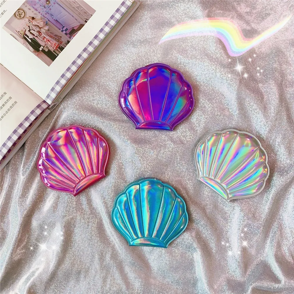Shell Shape Makeup Mirror Holographic Laser Color Portable Foldable Double Sided Magnifying Travel Vanity Mirror