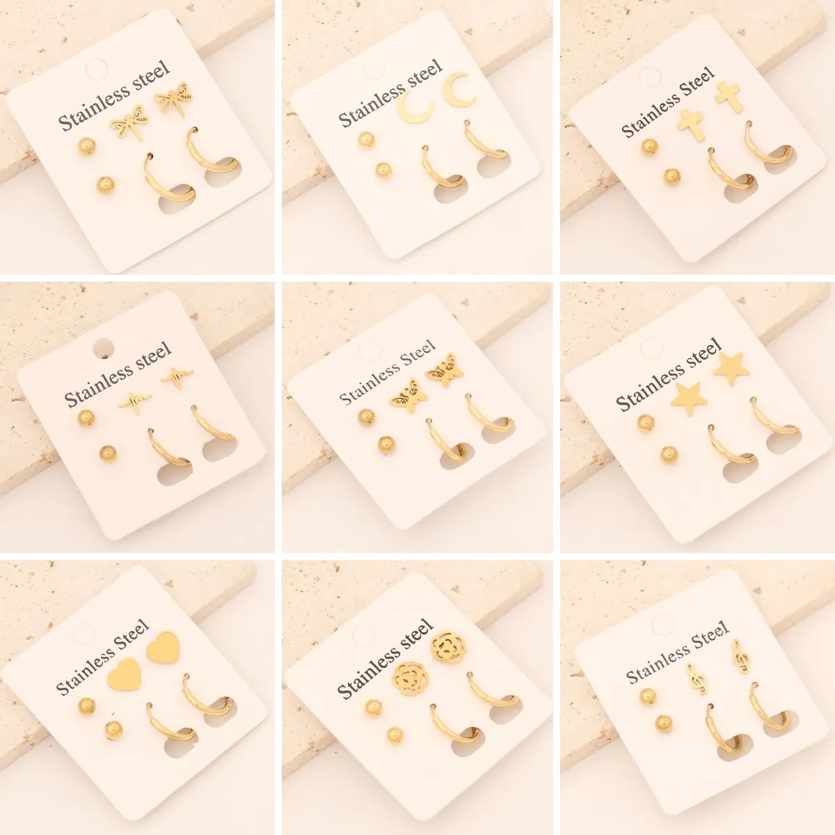 Boucles d'Oreilles en Acier Inoxydable Cœur Étoile Papillon Libellule Lune Plaqué Or Bijoux Minimalistes pour Femmes Cadeau de Mode