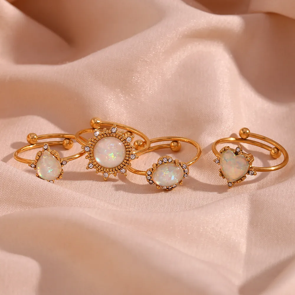 Vintage Stainless Steel Adjustable Open Ring For Women Heart Water Drop Shape With Artificial Opal And Rhinestone Jewelry