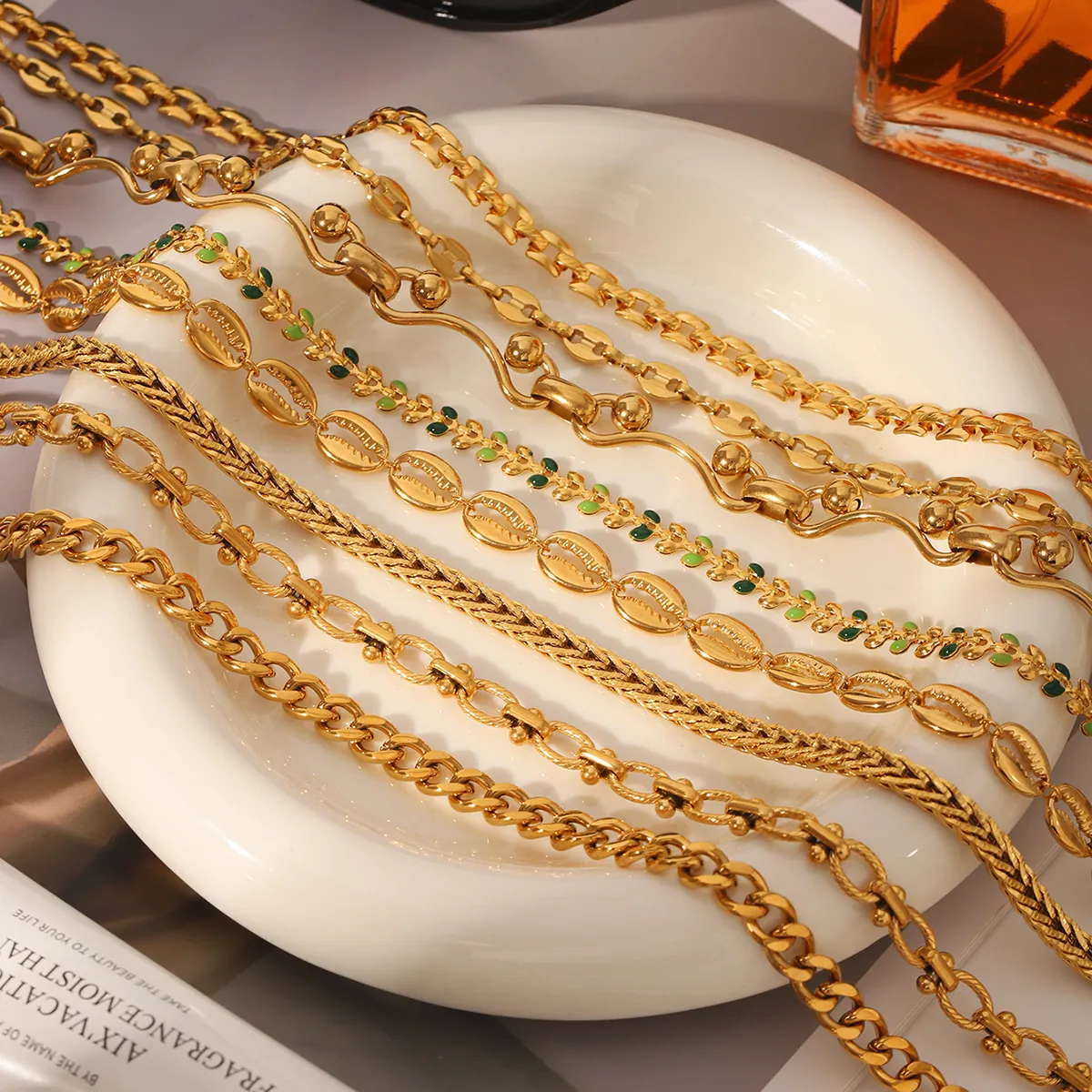 Stainless Steel Cuban Chain Necklace For Women Gold Plated Geometric Butterfly Shell Rhinestone Fashion Jewelry Necklace
